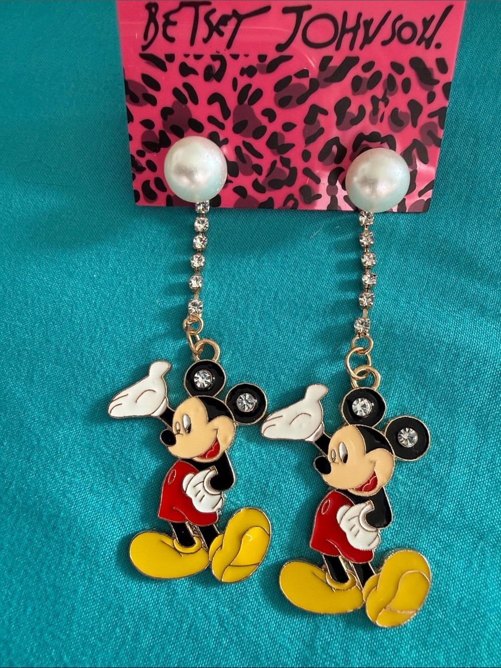 NWT Retired Betsey Johnson Mickey Mouse Drop Earrings w/glitz 3”